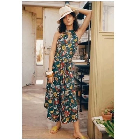 Anthropologie Geneva Halter Wide-Leg Jumpsuit Small Teal Green Floral Paisley - Picture 10 of 10
